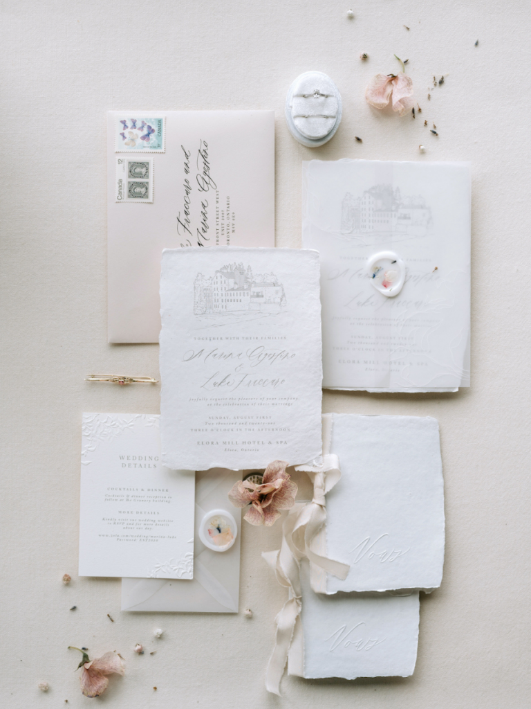 Detail shot of the invitation suite and accessories flat lay Elora Mill