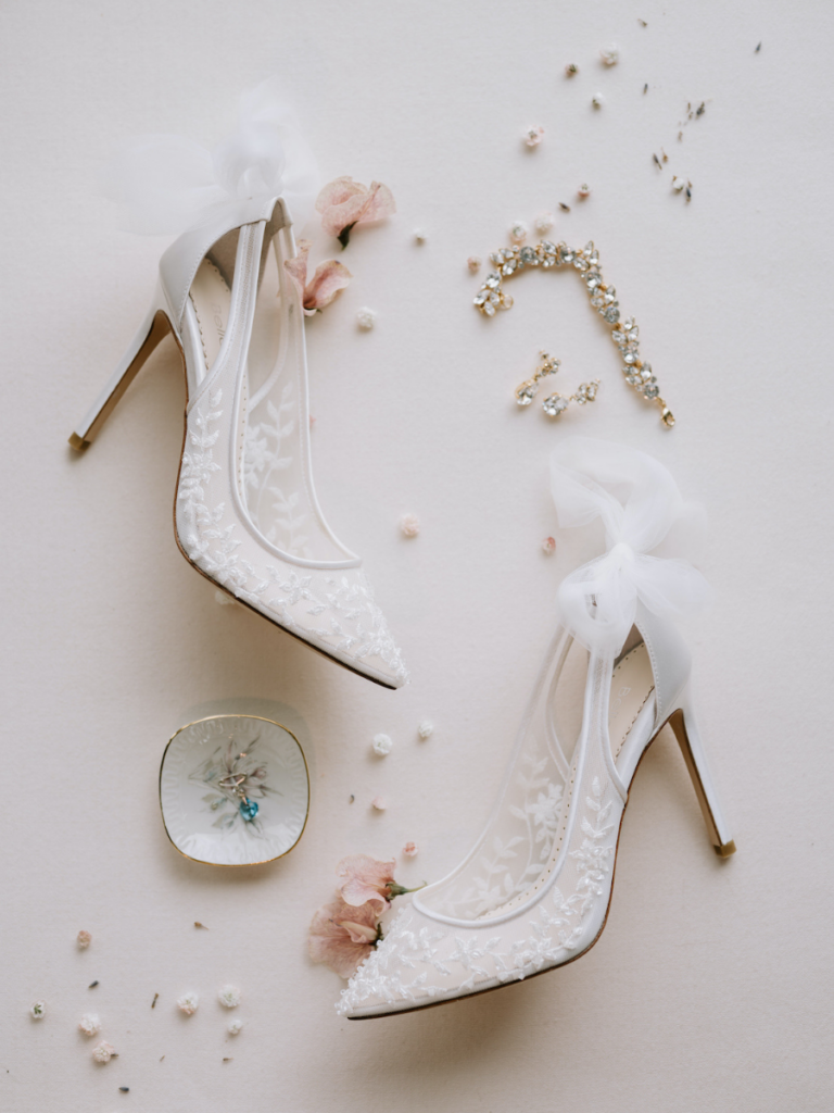 Bridal shoes flat lay at Elora Mill