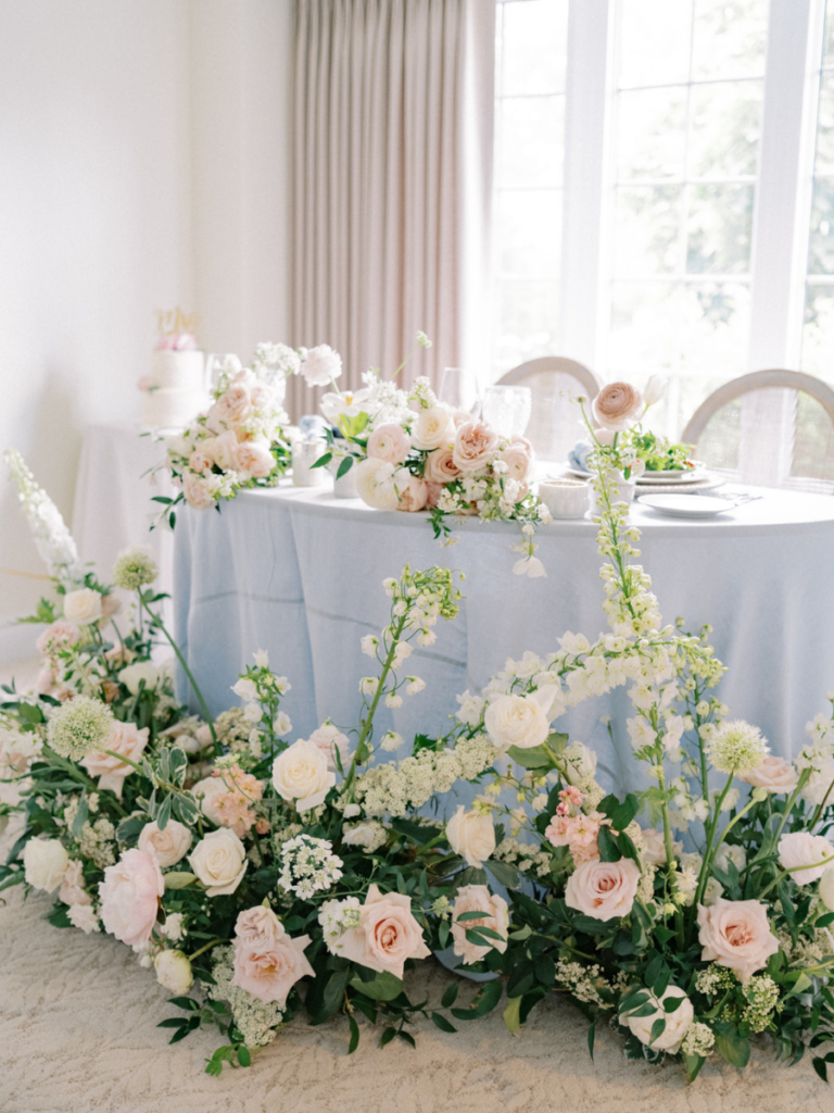 Sweetheart table surrounded by lots of spring flowers