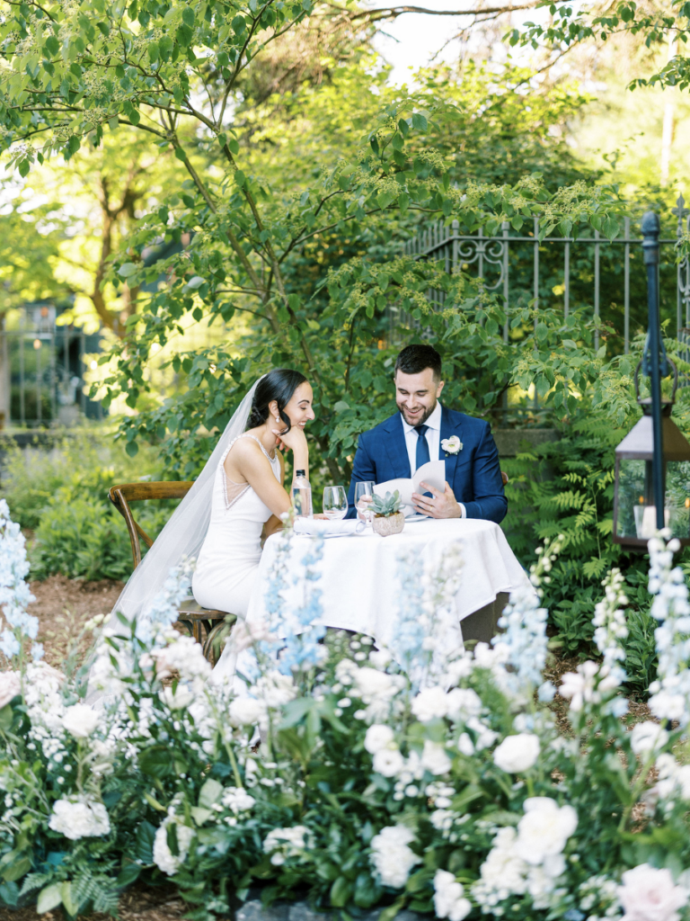 The couple sharing an intimate dinner for two after their ceremony at Langdon Hall