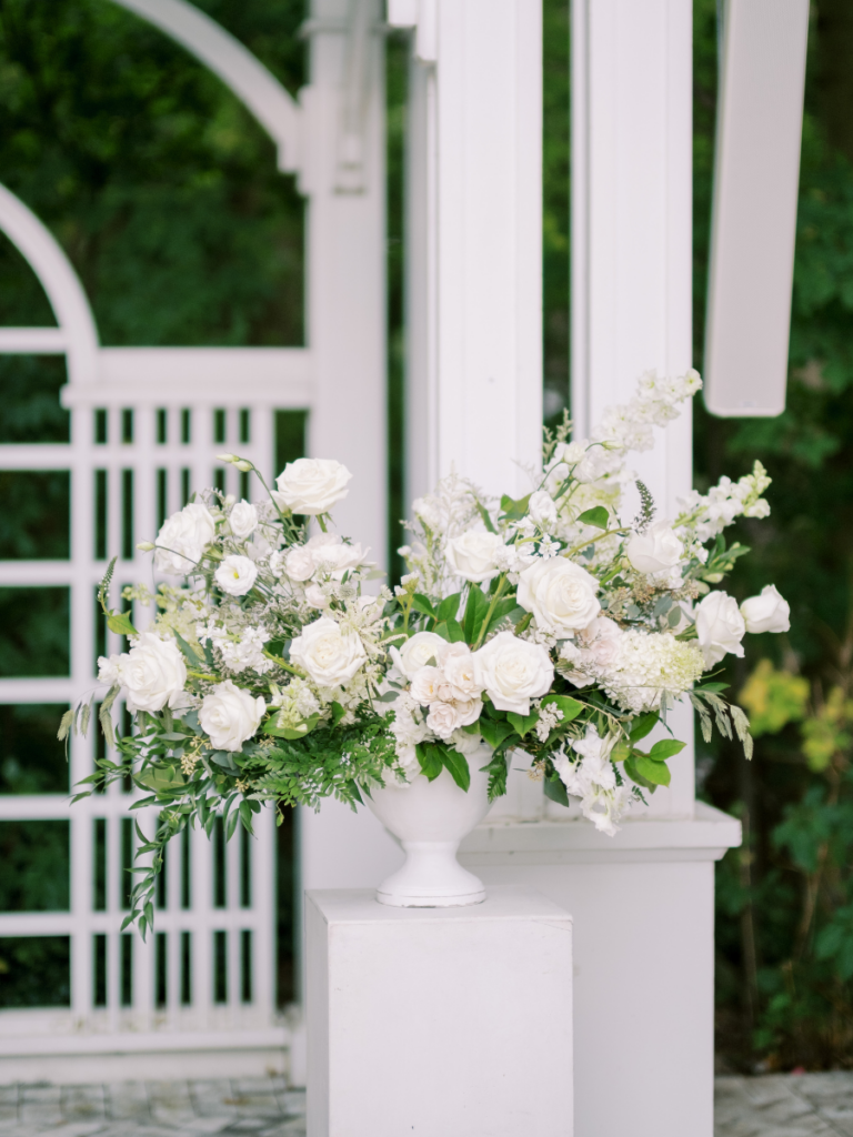 Large pedestal arrangement, classic garden design with white florals and greenery