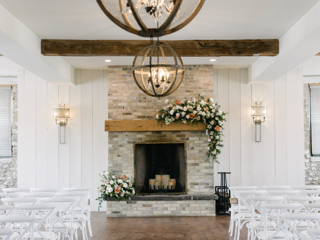 The fireplace floral arrangements at Elora Mill's Foundry Forever Wildfield