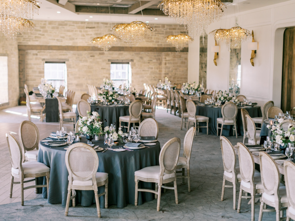 Reception space at modern Elora Mill wedding