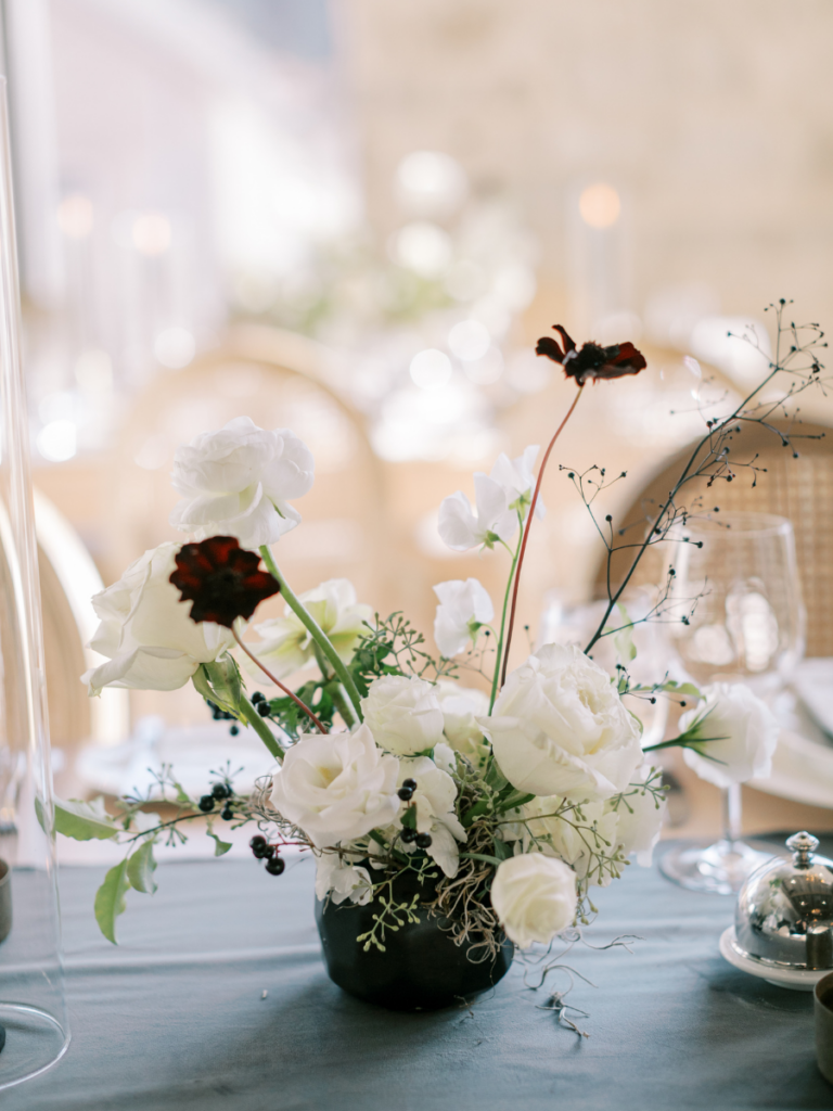 Mini modern floral arrangement at Elora Mill wedding